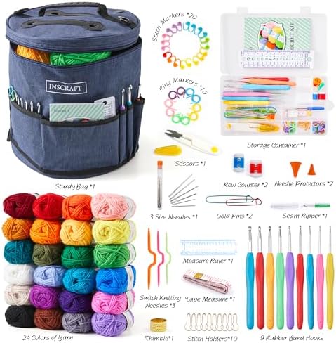 INSCRAFT Crochet Kit for Beginners Adults- Great Knitting Starter Kit for Colorful Craft for Professionals, Make Amigurumi Projects Includes 24 Colors Yarn, Hooks, Instructions, a Durable Bag - Image 2