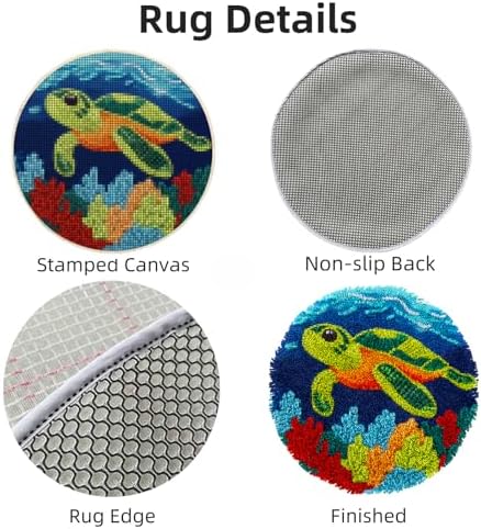 Latch Hook Rug Kit Cute Green Sea Turtle Easy for Beginners Round Shape Carpet Crochet Yarn Craft Mini Rug DIY Hook and Latch Little Tapestry for Home Decor 30x30cm-5 - Image 3
