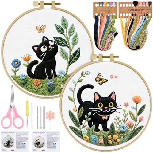 ERKOON Embroidery Kit for Beginners, 2 Set Flower Cross Stitch Set Include Embroidery Cloth Hoops Threads for Craft Lover Hand Stitch with Embroidery Skill Techniques (Cat) by ERKOON