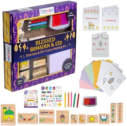 Ramadan & Eid Crafts Set with Stamps DIY Card-Making Kit for Kids 40 Pieces 11 Wooden Stamps, 12 Cards & Envelopes, 5 Pencils, Dual-Color Ink Pad, Ramadan Stickers-Islamic Gifts, Ramadan Decor by Unknown