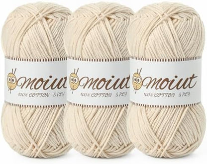 3 Pack Cotton Yarn for Crocheting, Baby Yarn for Crocheting Soft, 393yds / 5.29oz Fluffy Amigurumi Crochet Yarn, 5 Ply 100% Milk Cotton Yarn for Puzzle、Socks、Clothes(3 Beige) by OMoiut