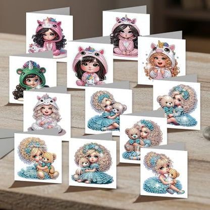 jinglinhh 12pcs Diamond Art Painting Little Girl Bear Greeting Cards with Envelopes, DIY Card Making Kits for Adults, Diamond Art Postcards Christmas Cards Craft Gifts - Image 4