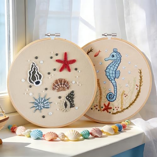 Beach Embroidery Kits for Beginners Adults, Coastal Hand Embroidery Set Needlepoint Kits, Stamped Cross Stitch Kits for Beginners Adults, 2 Embroidery Hoops, Fabric, Thread (Attached Video Tutorial) - Image 2