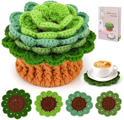 LUNARM Crochet Kit for Beginners, Crochet Start Green Plant Coasters Kits by Lunarm