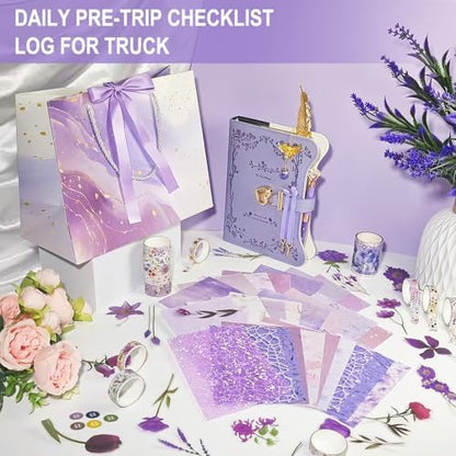 Diy Junk Journal Kit, Scrapbook Supplies Kit Includes B6 Diary with Lock and Key Flower Stickers Tape Roller, Stationary Diary Supplies Birthday Craft Gifts for Scrapbookers, Purple - Image 3
