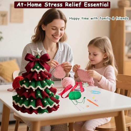 PMDYBY DIY Crochet Christmas Tree Kit,2026 News Crochet Christmas Ornaments,Beginner Christmas Kit,Tree Bow Pearl Embellishment,ChristmasCraftKit with Yarn Hook Beads Instructions(Red & Green) - Image 5