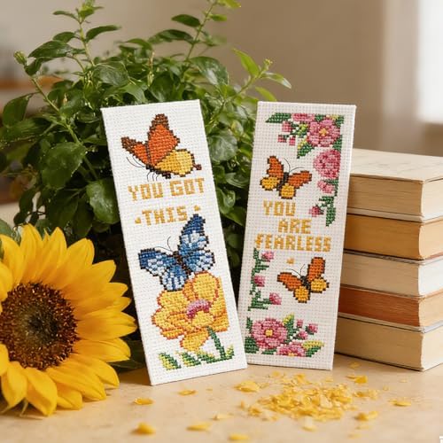 INFUNLY 6pcs Butterfly Quotes Cross Stitch Bookmark Kit DIY Embroidery Starter Set 3x8.5 Inch Cotton Linen Pre-Printed Fabric 14 Colors Floss Backing Felt Needles Threader Instructions for Book Lovers - Image 6