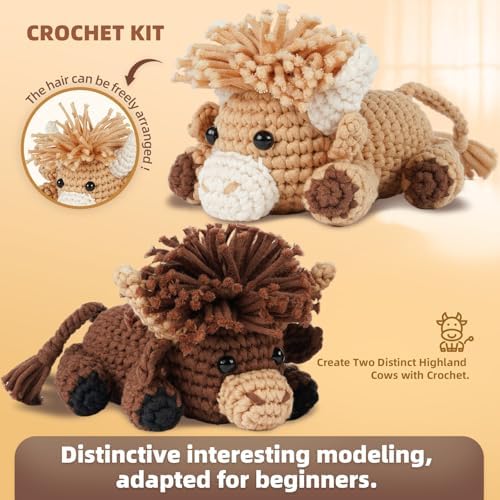 MOREJMTT Crochet kit for Beginners Adults, Learn to Crochet, Include Easy Knitting Soft Yarn, Step-by-Step Video Tutorial, Hook, Holiday Birthday Gift for Adults (Highland Cattle) - Image 2