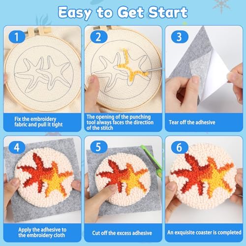 Ocean Punch Needle Coaster Kit for Beginners 6 Sea Animals Design Coasters Easy Punch Needle Embroidery Kit for Adults Kids DIY Tufted Pads with Adhesive Felt Yarns Tools Embroidery Hoop Instruction - Image 4