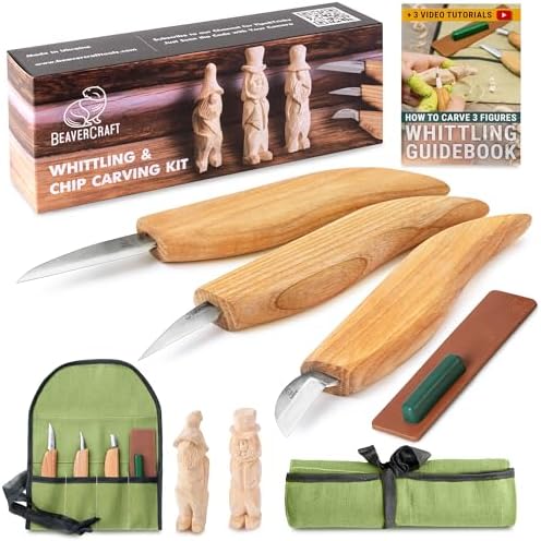 BeaverCraft Wood Carving Knife Kit S15 Whittling Kit for Beginners, Kids - Wood Carving Tools Set with Detail Chip Knife Sloyd Whittling Knives & Leather Strop, Polishing Compound and Tutorials by BeaverCraft