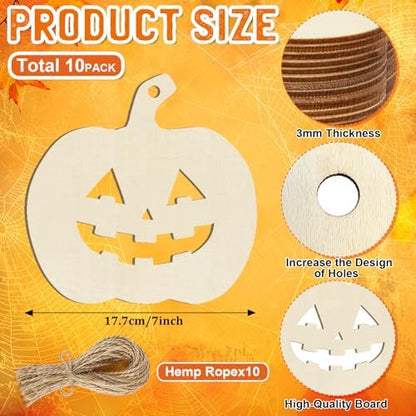 Large Size 7inch Wooden Halloween Thanksgiving Ornaments to Paint,Pumpkin Cutouts Unfinished DIY Blank Unfinished Pumpkin Wood Discs Ornament for Crafts Hanging Autumn Decorations 10PCS - Image 2