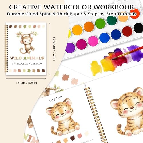 Wild Animals Watercolor Workbook, Water Coloring Book, 12 Patterns, 18 Colors Watercolor Paint Set, Easy Watercolor Kit for Beginners, Fun Family Art Activity, Gift for Adults Teen - Image 2