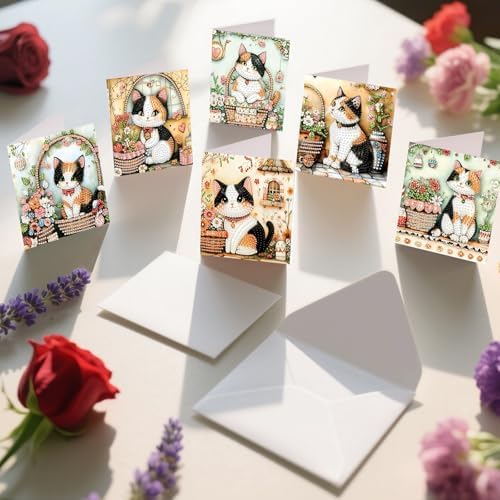 6pcs Little Garden Cat Diamond Art Painting Greeting Cards Kit with Envelopes, 5D DIY Special Shaped Card Making Kits for Adults, Holiday Birthday Postcards, Creative Craft Gifts - Image 5