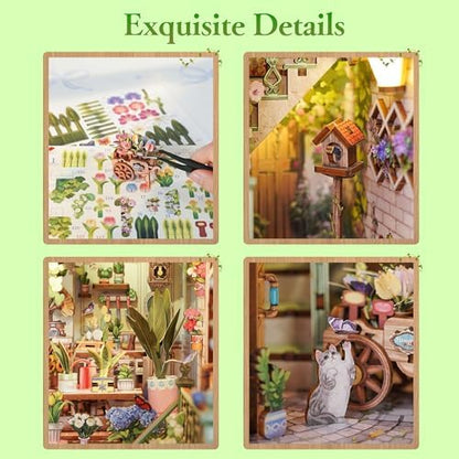 Tonecheer DIY Book Nook Kit for Adults, Booknook Wooden 3D Puzzle Bookend Miniature House Kit, Fantasy Bookshelf Decor with Sensor LED Light Gifts for Birthday Valentine's Day (Flower Shop) - Image 4