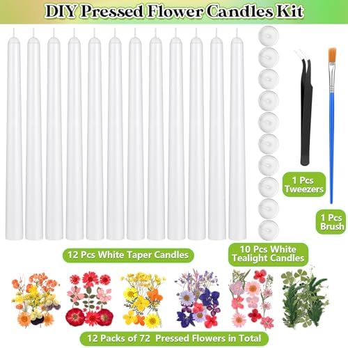 MTLEE 30 Pack Pressed Flower Candles Making Kit 6 Set Dried Pressed Flowers 12 White Taper 10 White Tealight Candles with Tweezers Brush for DIY Crafts Birthday Wedding Party Favors - Image 2