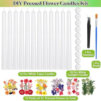 MTLEE 30 Pack Pressed Flower Candles Making Kit 6 Set Dried Pressed Flowers 12 White Taper 10 White Tealight Candles with Tweezers Brush for DIY Crafts Birthday Wedding Party Favors - Image 2