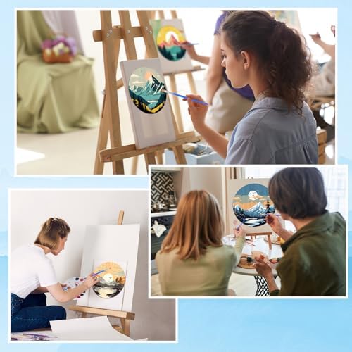 Faccito 4 Pack Wooden Landscape Paint by Numbers Kit for Adults Beginners 8 Inch Unfinished Round Wood Board Acrylic Paint Nylon Brush Hook Distant Mountains Sunset Lake DIY Crafts for Home Wall Decor - Image 5