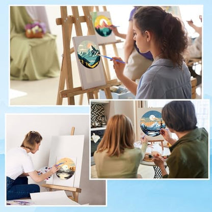Faccito 4 Pack Wooden Landscape Paint by Numbers Kit for Adults Beginners 8 Inch Unfinished Round Wood Board Acrylic Paint Nylon Brush Hook Distant Mountains Sunset Lake DIY Crafts for Home Wall Decor - Image 5