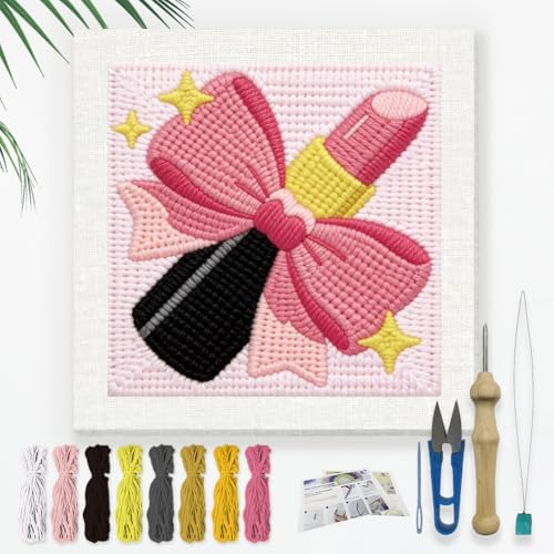 Doodlream Lipstick with Bow Needle Kit for Beginner, 9.4"x 9.4" Makeup Punch Stitching Craft Set, DIY Embroidery Starter with Printed Frame, Instruction, Threader, Yarn, Pinch Needle by Doodlream