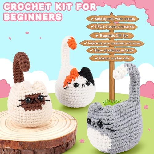 Cat Crochet Kit for Beginners-3PCS Cats Crochet Kits,Teacher Appreciation Gifts for Women, Crochet Starter Kit with Step-by-Step Video Tutorials,Crochet Animal Kits DIY Craft Learn to Crochet Kits - Image 7
