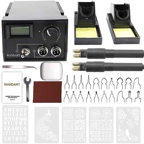 Professional Wood Burning Kit, Wandart 60W Wood Burning Tool Pyrography Kit with Dual Wood Burner 20 Woodburning Wire Nibs Tips including Ball Tips and 5PCS Stencils by Wandart