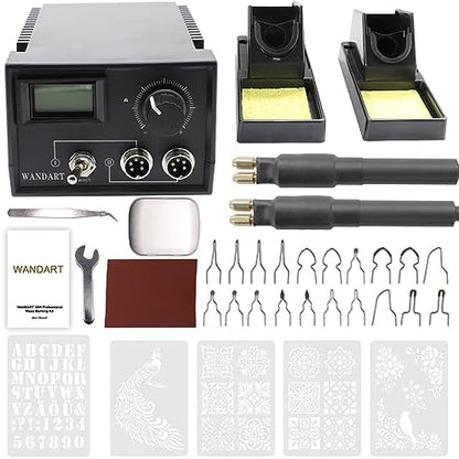 Professional Wood Burning Kit, Wandart 60W Wood Burning Tool Pyrography Kit with Dual Wood Burner 20 Woodburning Wire Nibs Tips including Ball Tips and 5PCS Stencils by Wandart