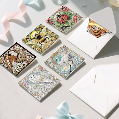 6 Pack Animal Diamond Art Greeting Cards with Envelopes, DIY 5D Diamond Painting Card Kit Featuring Phoenix Owl Bee Eagle Ladybug and Tiger, Handmade Rhinestone Craft Cards for Birthday and Holiday - Image 7