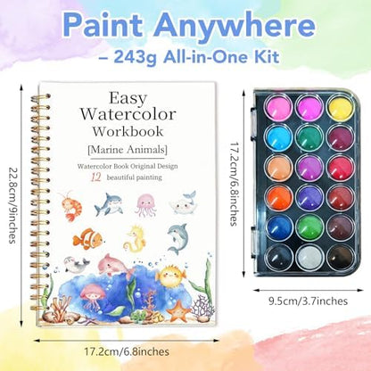 Easy Watercolor Workbook for Beginners - 12 Beautiful Step-by-Step Paintings Water Coloring Book, Includes 18 Colors Paints, Relaxing Art Projects and Creative Gift for Adults & Teen (Marine Animals) - Image 4
