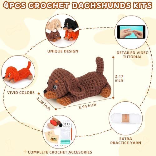 Crochet Kit for Beginners Adults, 4 PCS Dachshund Puppy Crochet Kits - Image 2