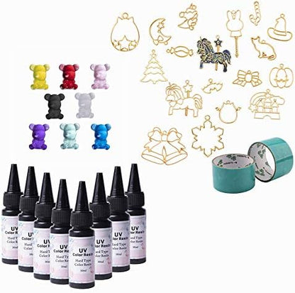 Resin Kit of 8 Color UV Resin Translucent Hard Type with Jewelry Making Casting Supply 17 Metal Frames Open Back Bezels & UV Resin Tapes for Making Pendants Keychains Charms Earrings by VidaRosa