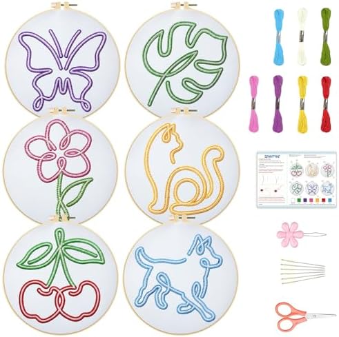BEUNITONE Abstract Animal Embroidery Kit, 6PC Modern Line Art Needlepoint Kits with Hoops, Instructions, Threads, DIY Craft for Adults Beginners, Home Decor, Hand Embroidery Patterns for Gifts by BEUNITONE