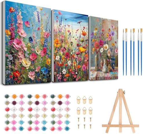 3 Pack Floral Framed Paint by Numbers for Adult with Wooden Easel 8x12 inch by MeothanDiamondPainting