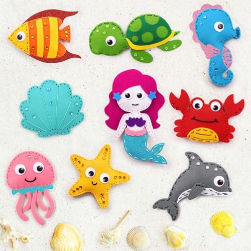 CiyvoLyeen Sea Animals Sewing Kit Mermaid DIY Felt Plush Craft Kit Make Your Own Ocean Animals Gifts for Beginner Boys and Girls Educational Kids Art Craft Supplies Set of 12 - Image 2