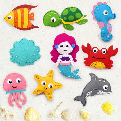 CiyvoLyeen Sea Animals Sewing Kit Mermaid DIY Felt Plush Craft Kit Make Your Own Ocean Animals Gifts for Beginner Boys and Girls Educational Kids Art Craft Supplies Set of 12 - Image 2
