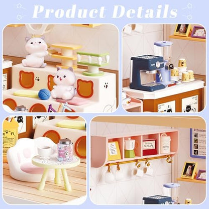 Cat Cafe Miniature House Kit with LED Light, DIY Mini Dollhouse with Roof & Dust Covers for Mini Figures Tiny House Toy for Adults Kids Girls - Image 5