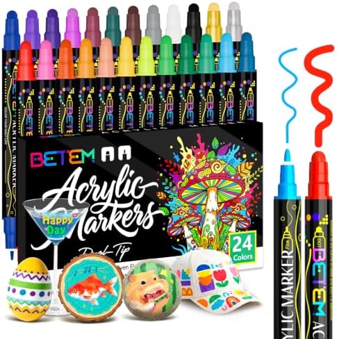 Betem 24 Colors Dual Tip Acrylic Paint Markers, Fabric Decorating Kits by BetemArtWorld
