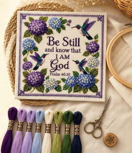 Hummingbird Garden Faith Cross Stitch Kit, Psalm 46:10 Be Still and Know Christian Embroidery Set | Premium Wool Yarn DIY Hand Stitch Craft for Adults Beginners, Religious Home Wall Decor Gift by Unknown