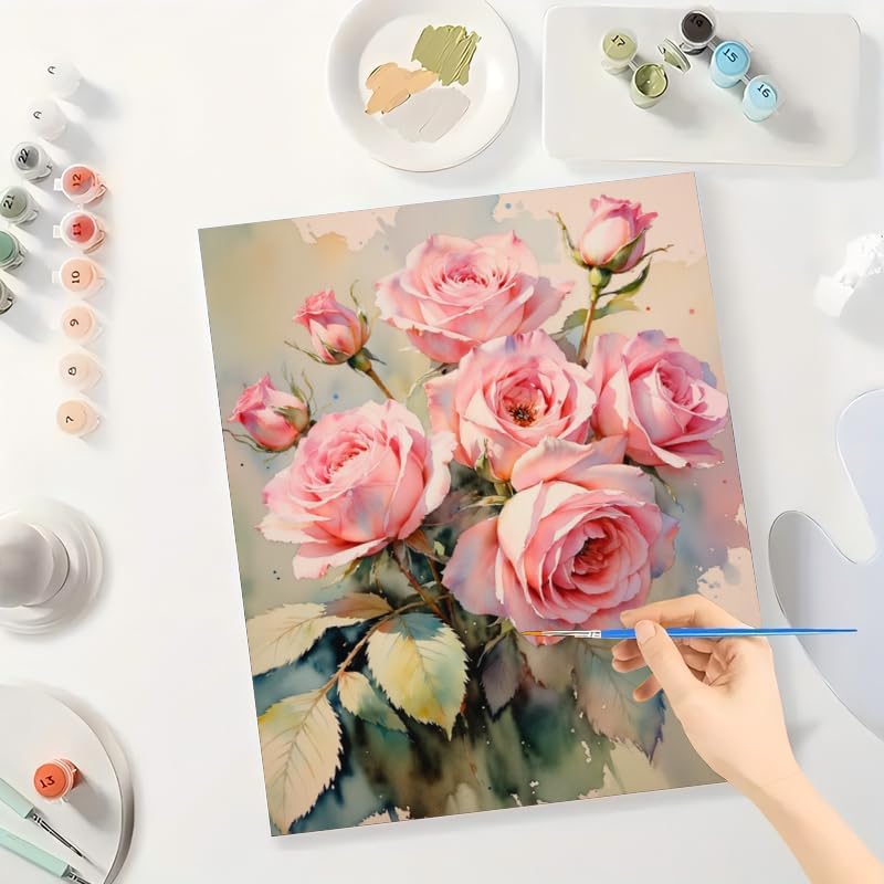 Pink Roses Bloom Paint by Numbers Kit for Adults - DIY Flowers Canvas Painting, Acrylic Paint Set, Suitable for Beginners, for Home Decoration or Presents(12X16IN Framed) - Image 3