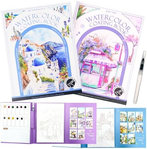 Mulyric 2-Pack Watercolor Painting Books for Adults & Beginners - All-in-One Creative Stress Relief Art Kit with 3-Fold Pad, 32 Pre-Printed Pages, 24 Colors & 2 Brushes (European + Serene Scenery) by Creativitylifestyleandwellness