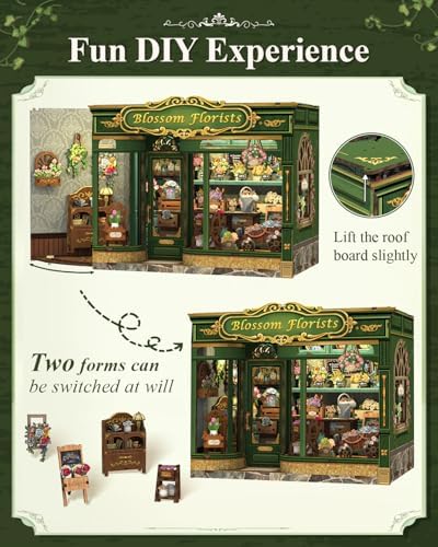 Cutefun Book Nook Kit - DIY Miniature Flower Shop Booknook Kits for Adults and Teens, 3D Wooden Puzzle Bookend Bookshelf with LED Light, Creative Crafts Gifts for Book Lovers (Blossom Florists) - Image 4