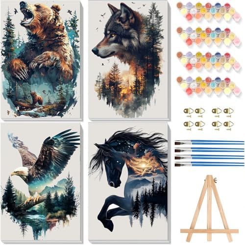 4 Pack Animals Paint by Numbers for Adults with Framed Canvas 8x12 inch by Arttoplus