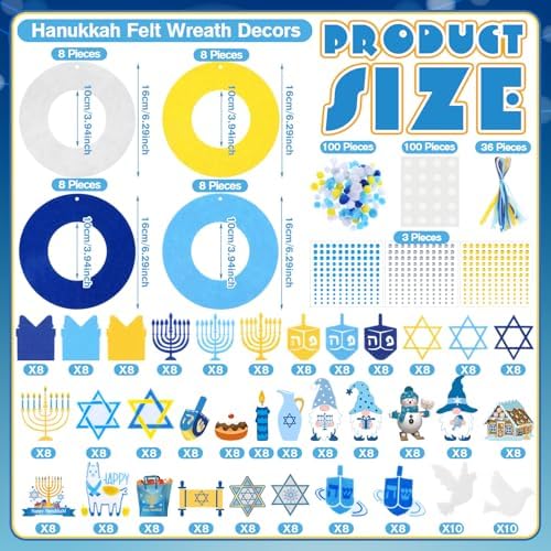 Wavwavw 472 Pcs Hanukkah Craft Kits Hanukkah DIY Wreath Craft Kit Chanukah Wreath Arts Decorations with Menorah Dreidel Gnome Stickers for Indoor Outdoor Home Party Favors - Image 3