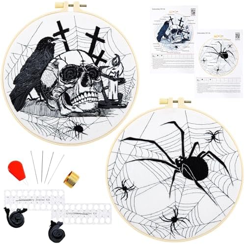 Dark Gothic Embroidery Kits for Beginners Adults, Halloween Hand Embroidery Needlepoint Kits, Skull Spider Stamped Cross Stitch Kits for Beginners Adults, 2 Embroidery Hoops (Attached Video Tutorial) by Armindou
