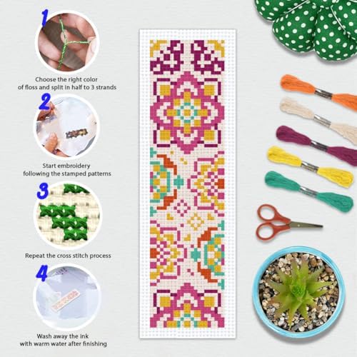 BEUNITONE 6 Pcs Mandala Cross Stitch Bookmark Kits for Beginners DIY Stamped Embroidery Bookmark Kit Colorful Floral Punch Needle Set with Instructions Craft Kit for Book Lover Gifts 8''x2.4'' - Image 4