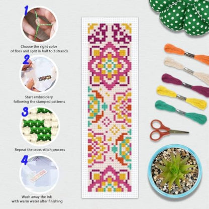 BEUNITONE 6 Pcs Mandala Cross Stitch Bookmark Kits for Beginners DIY Stamped Embroidery Bookmark Kit Colorful Floral Punch Needle Set with Instructions Craft Kit for Book Lover Gifts 8''x2.4'' - Image 4