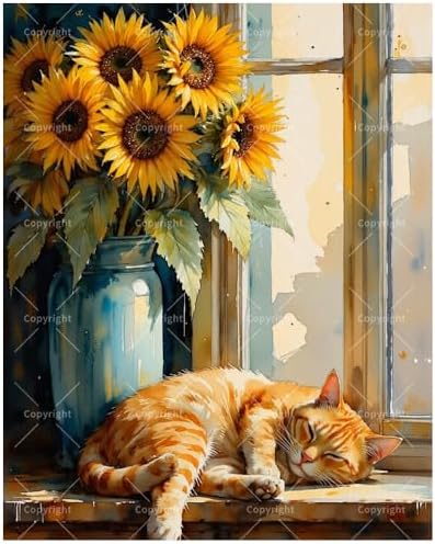 Sleeping Cat Paint by Numbers Kit for Adults - DIY Orange Cat and Sunflowers by Window Painting on Canvas 16x20 Inches, Acrylic Paint Set, Suitable for Beginners, Art for Decoration or Gifts by Unknown