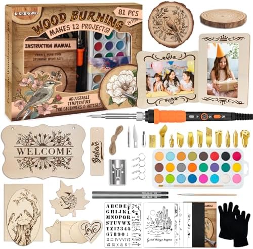 K KERNOWO Wood Burning Kit - 81Pcs All-in-One Wood Burning Tool Pen Adjustable Temperature Wood Burner Kit Crafts Gifts for Adults & Teens, Woodburning Kits for Beginner Pyrography by KKERNOWO