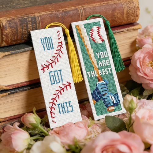 INFUNLY 6 Pcs Baseball Cross Stitch Bookmark Kit with Tassels, Stamped Pre-Printed Embroidery for Adult Beginners, Tools with Floss Scissors Needles Instructions, DIY Gift for Book Lovers - Image 3