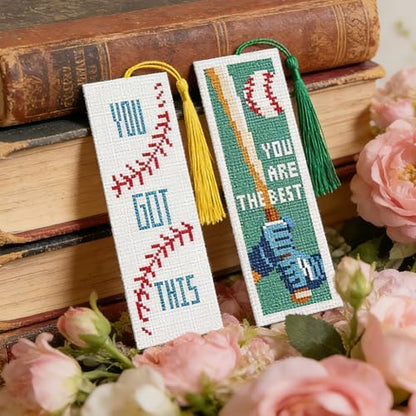 INFUNLY 6 Pcs Baseball Cross Stitch Bookmark Kit with Tassels, Stamped Pre-Printed Embroidery for Adult Beginners, Tools with Floss Scissors Needles Instructions, DIY Gift for Book Lovers - Image 3