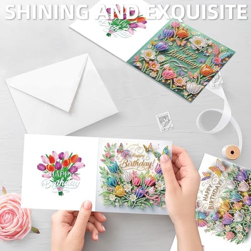 C'eitura 12Pcs Flower Bouquet Diamond Art Painting Greeting Card Kit with Envelopes, DIY Floral Christmas Birthday Thanksgiving Card Making Set, Elegant Handmade Card Craft - Image 6